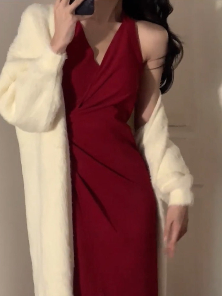 약혼 신부 드레스 생일 파티 토스트 드레스 성인식 여성용 레드 홀터넥 서스펜더 드레스