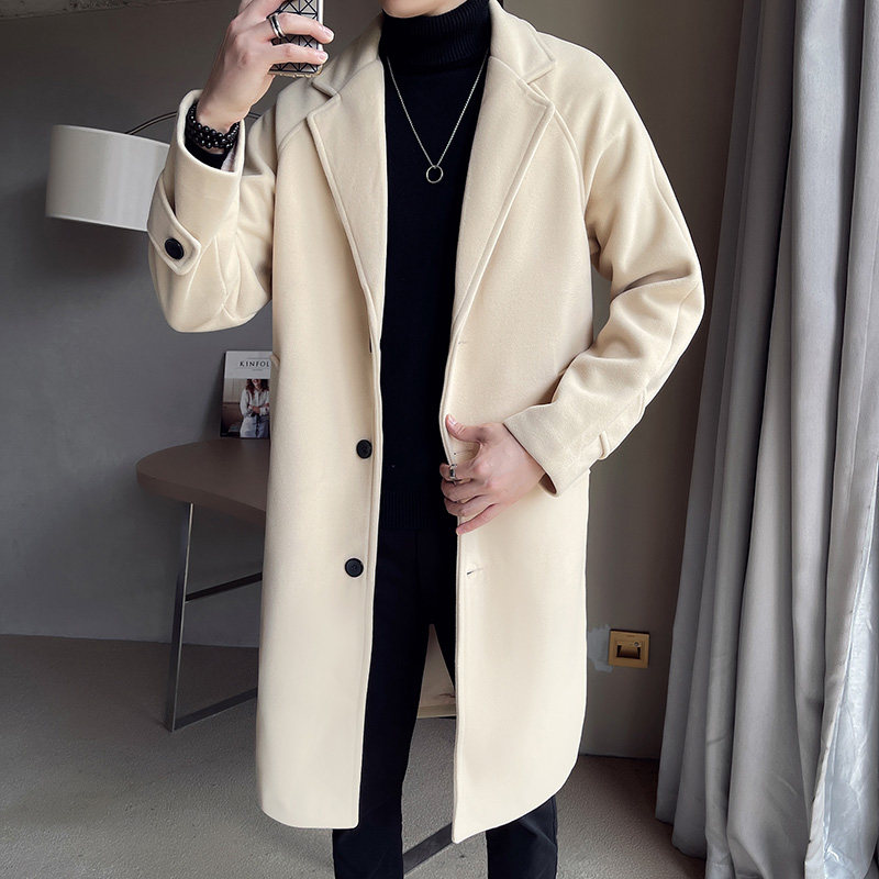 TWEED TRENCH COAT MENS MID-LENGTH AUTUMN AND WINTER SOLID COLOR VERSATILE PADDED COAT TREND LOOSE AND LONG WOOLEN COAT
