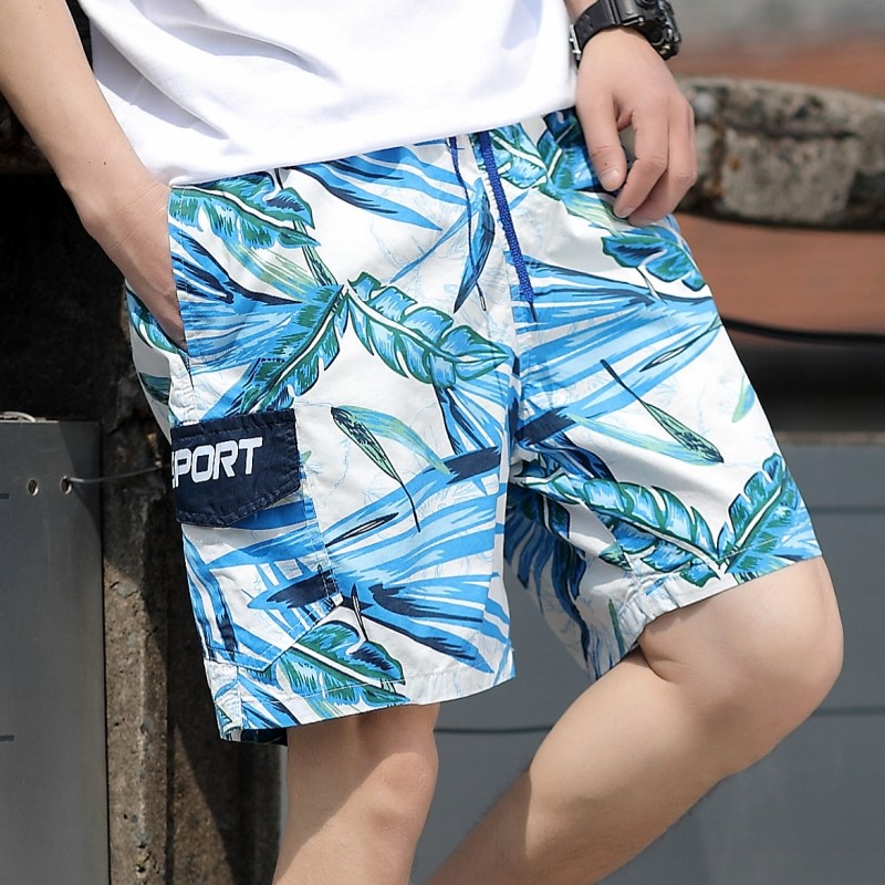 夏装海边渡假外穿宽松四分大裤衩子男士潮牌蓝色印花休闲沙滩短裤
