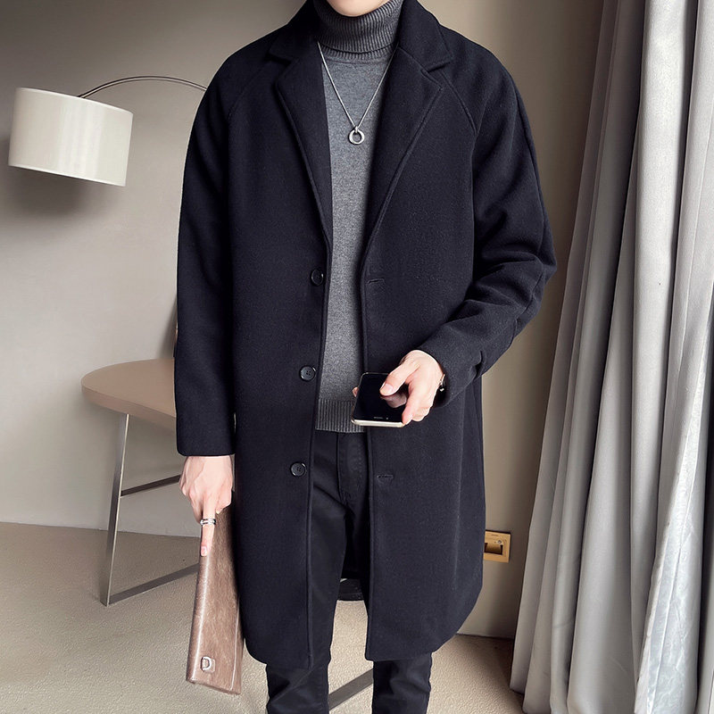 TWEED TRENCH COAT MENS MID-LENGTH AUTUMN AND WINTER SOLID COLOR VERSATILE PADDED COAT TREND LOOSE AND LONG WOOLEN COAT