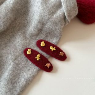 马上有钱 酒红色毛呢新年发夹BB夹刘海侧边夹女本命年鸿运头发饰