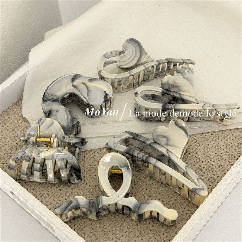 韩版时尚水墨黑灰色系抓夹高级感几何纹理发夹后脑勺鲨鱼夹盘发卡