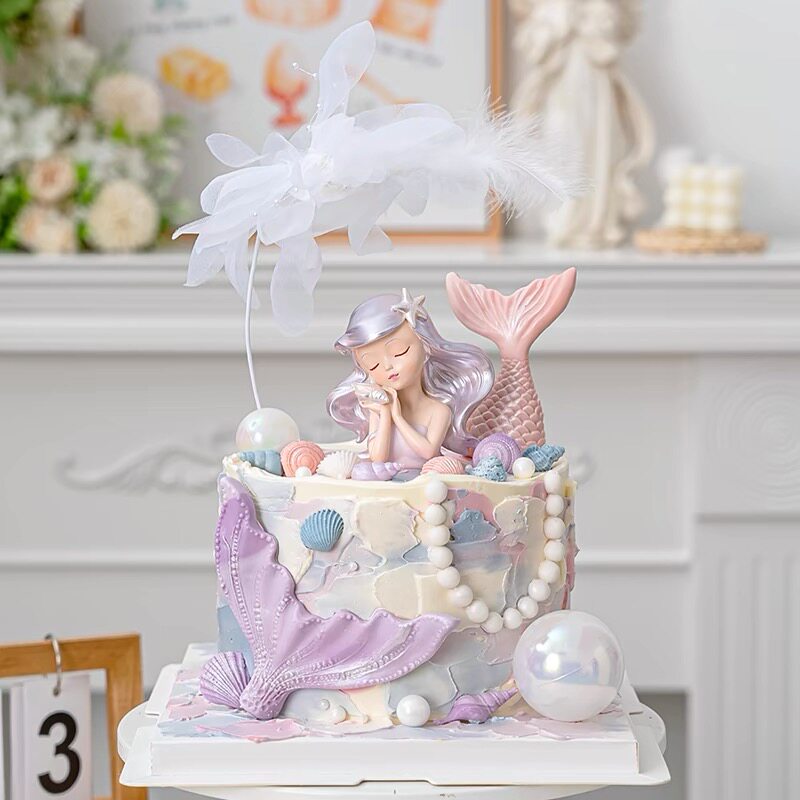 梦幻海洋公主女孩生日蛋糕装饰闭眼美人鱼贝壳鱼尾烘焙装扮摆件