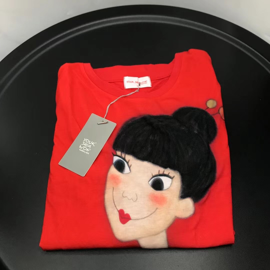 陆心媛春夏季女装红色长袖T恤女宽松圆领卡通图案打底衫