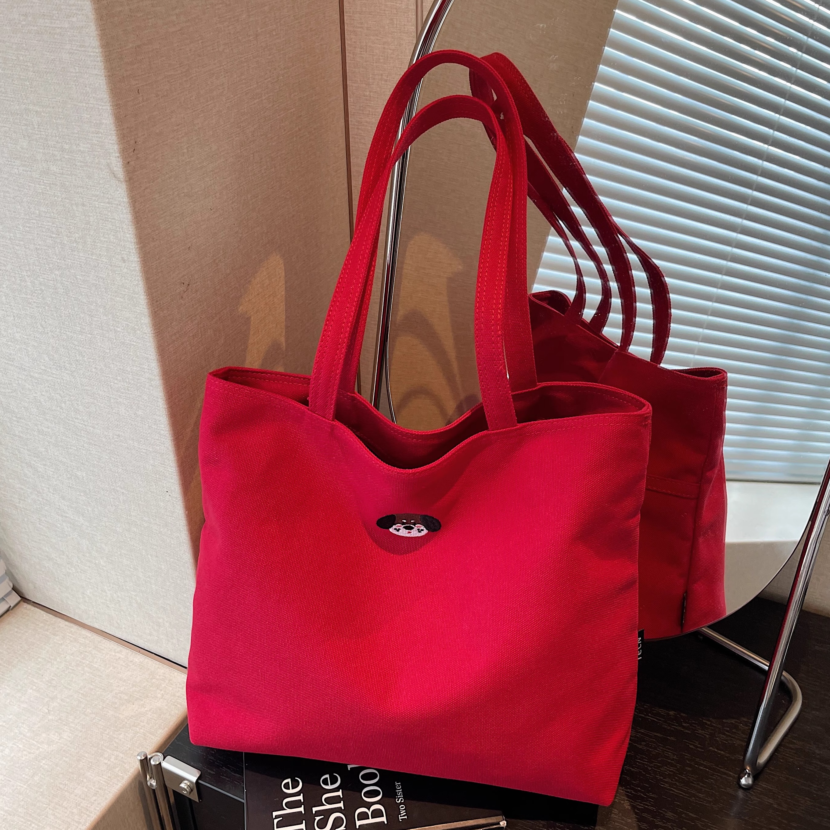 大容量刺绣简约帆布单肩托特包