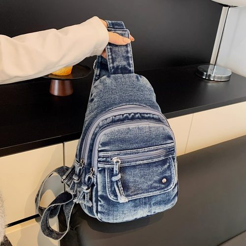 复古牛仔布女胸包通勤单肩斜挎包