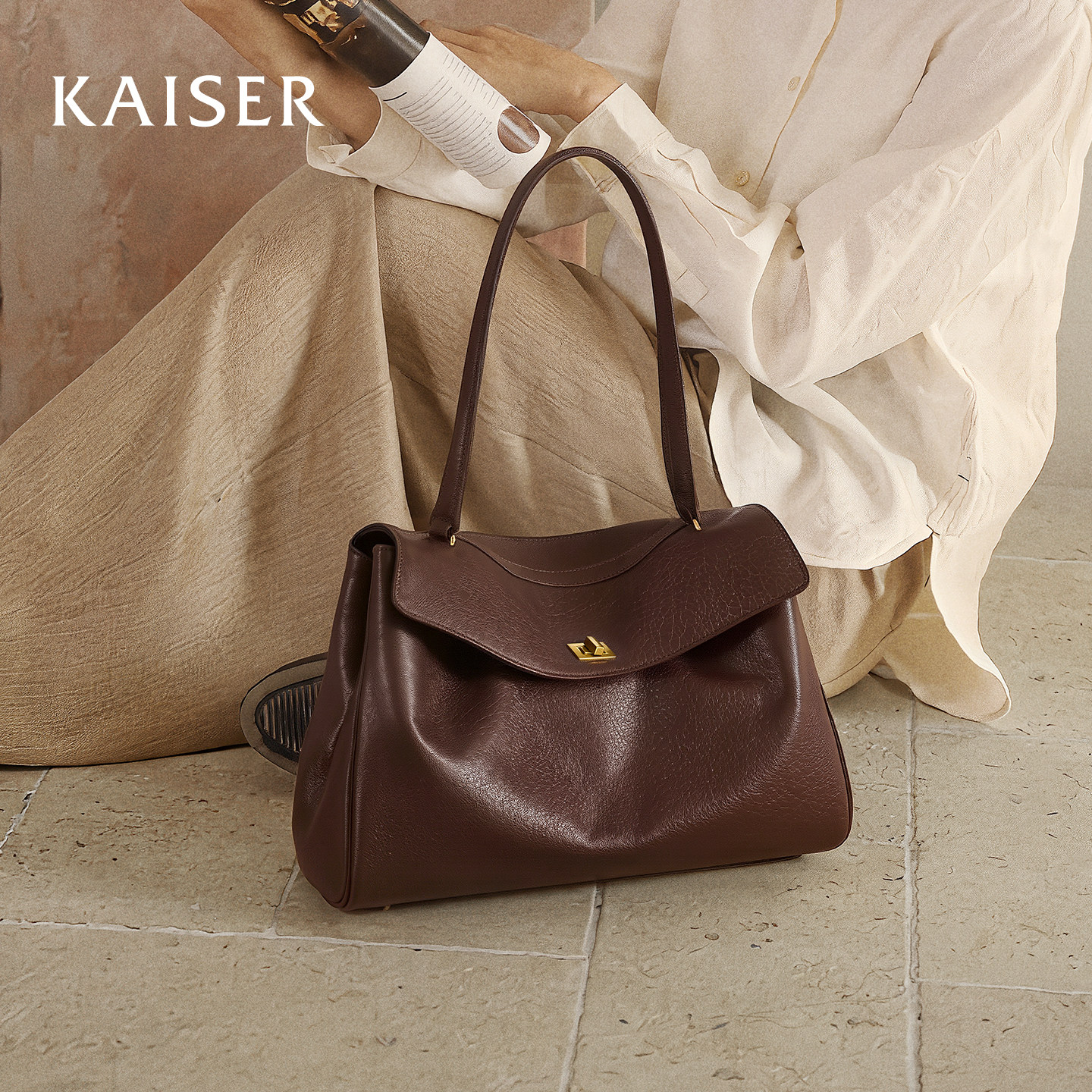 凯撒植鞣油蜡牛皮包包女款凯莉包女士托特包单肩包腋下包真皮女包