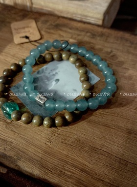 ouswa原创【旧忆重叠】925纯银小鱼绿檀木玉髓复古小众手串手链