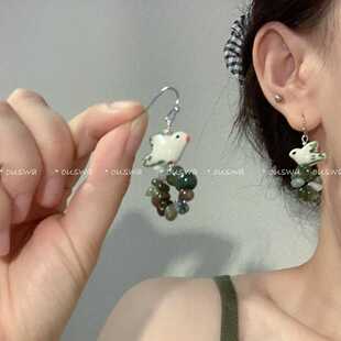 ouswa原创-知更鸟，呼啸的荒原和无际的旷野纯手绘陶瓷天然石耳钩