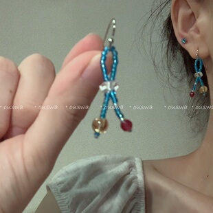 ouswa原创【蓝调时刻】日落曲终，蓝色弥漫手工蝴蝶结耳环耳钩