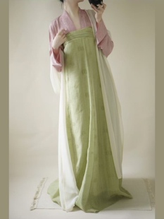 披帛花卉唐制汉服套装 芷汀「春之色」粉色人丝对襟衫 绿色八破裙