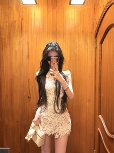 芷汀「白玉兰」法式 包臀短裙 重工蕾丝斜肩连衣裙性感纯欲气质修身