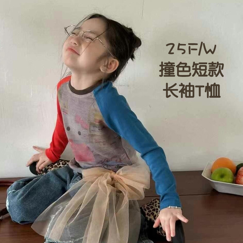 撞色短款长袖t恤+洋气+韩版图片