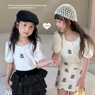 女童独特超好看泡泡袖短袖t恤纯棉夏季薄款2026新款儿童韩系上衣