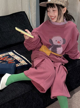 女童休闲加绒卫衣七分阔腿裤两件套装秋冬季2026新款儿童洋气时髦