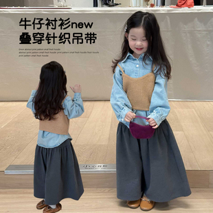女宝宝清新甜美上衣 女童牛仔衬衫 叠穿针织吊带秋季 2025新款 儿童装