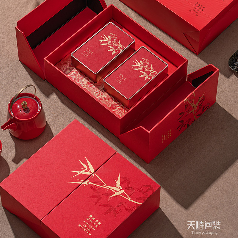 天时包装大红色茶叶包装礼盒中式竹叶图案精美包装盒