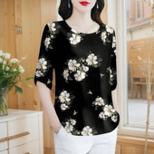 薄款 t恤女时尚 印花朵洋气宽松大码 百搭夏装 圆领遮肚显瘦半袖 上衣