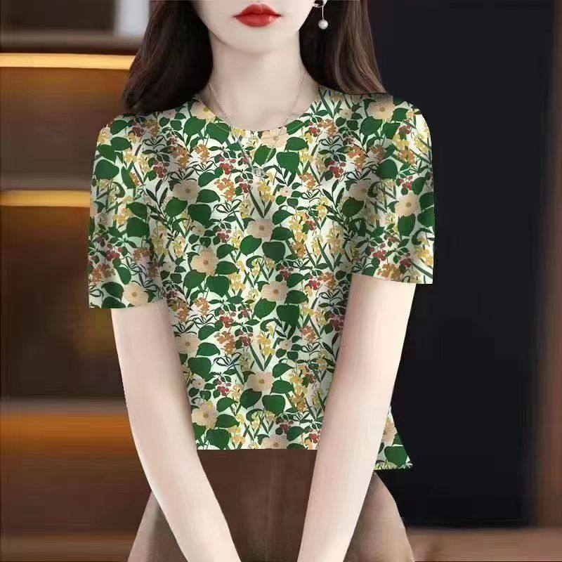 t恤女上衣2024夏季新款印花简约时尚圆领遮肚减龄气质花色女上衣,女装/女士精品,T恤,淘宝优惠券,粉丝福利购,淘宝优惠卷