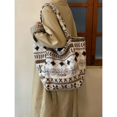 复古民族风羊羔毛托特包女新款双面大容量手提单肩包慵懒感毛绒包