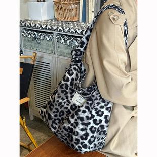 韩系毛呢豹纹子母托特包包女新款 大容量松弛感小众单肩斜挎包
