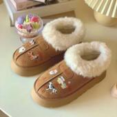 新款 厚底加绒棉鞋 皮毛一体半拖雪地靴2024冬季 毛毛包头猫咪女外穿