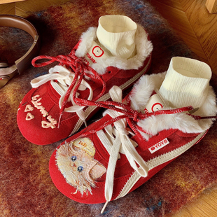 手绘毛毛可爱猫咪板鞋毛绒雪地靴女冬季加绒保暖系带短靴百搭棉靴