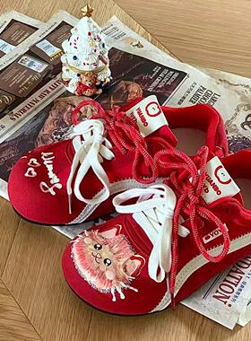 百搭原创红色德训鞋女2025新款夏季透气猫咪板鞋复古休闲小白鞋子