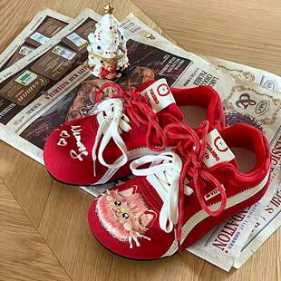 百搭原创红色德训鞋女2025新款夏季透气猫咪板鞋复古休闲小白鞋子