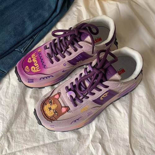 手绘猫咪紫色厚底阿甘鞋超火百搭