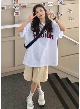 高街美式复古妈妈白色短袖T恤女夏季宽松小众设计感潮牌正肩上衣