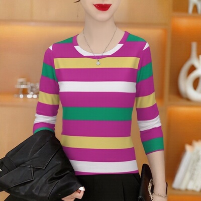 多巴胺条纹长袖T恤妈妈装遮肚