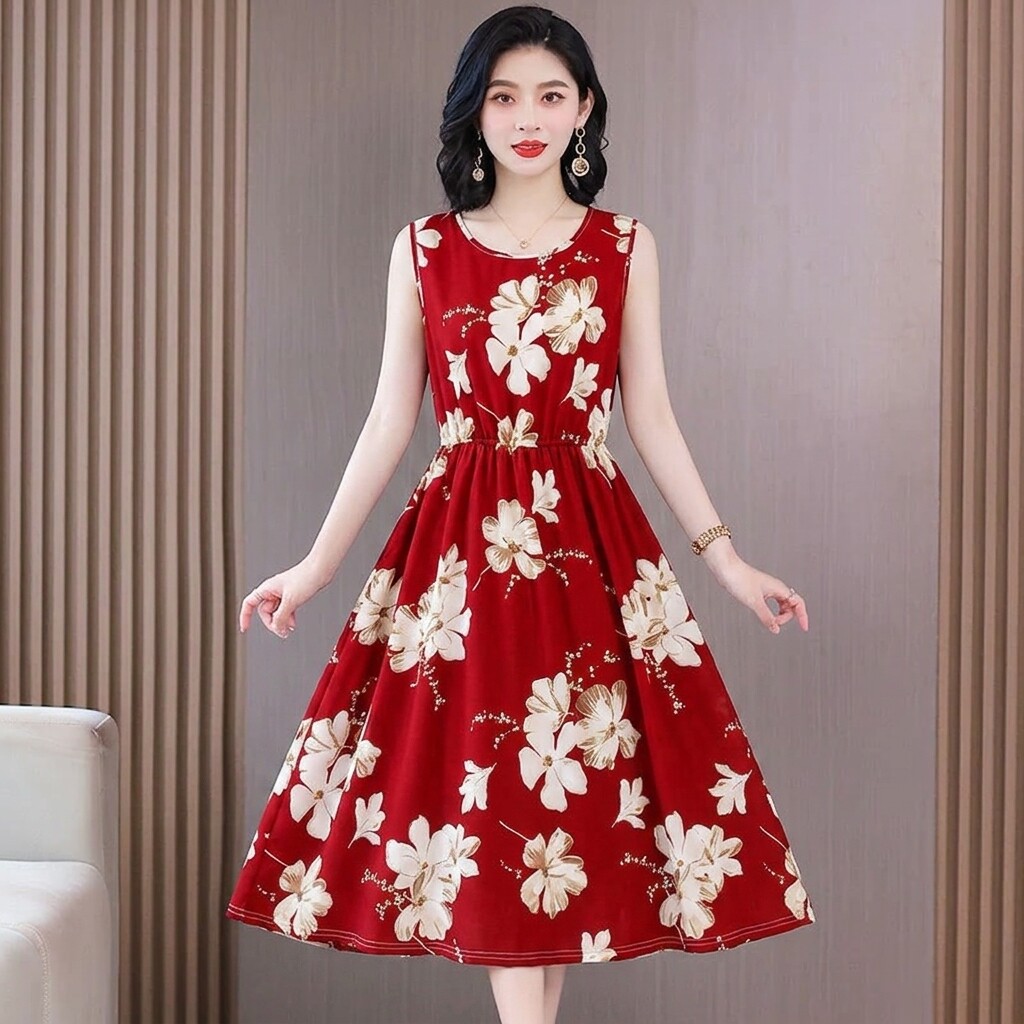 2026新品法式无袖花朵印花连衣裙女中长款收腰显瘦妈妈装气质裙