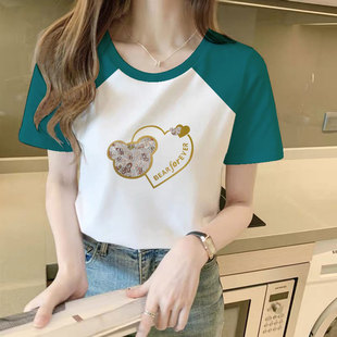仿棉短袖 小众设计感正肩宽松显瘦遮肉撞色上衣 t恤女2025新款 夏季