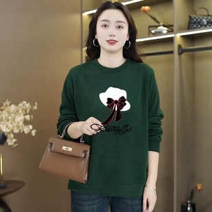 妈妈装 卫衣宽松显瘦百搭遮肚休闲上衣 加绒加厚绿色蝴蝶结印花长袖