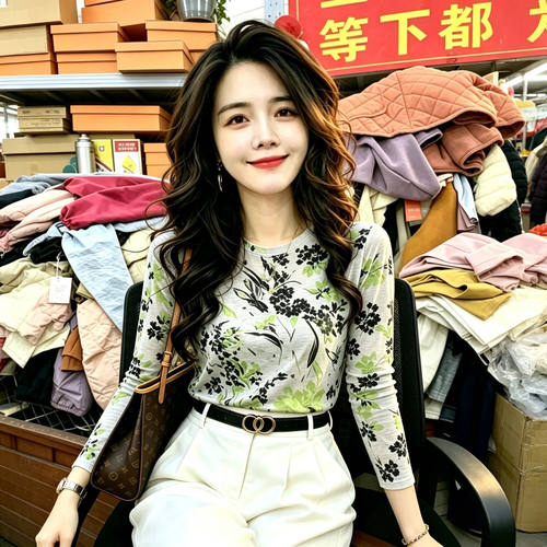 清仓捡漏妈妈时尚百搭显瘦气质花卉印花网纱长袖T恤女中老年上衣