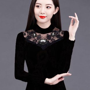 打底衫女式蕾丝半高领加绒加厚长袖t恤内搭网纱大码保暖妈妈上衣