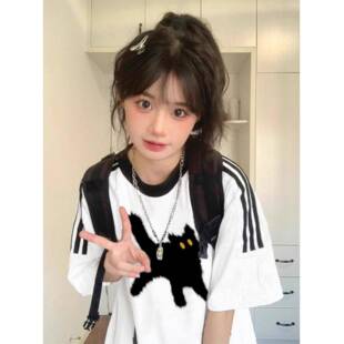 美式复古三条杠短袖t恤女大童夏季薄款初中高中学生宽松妈妈上衣