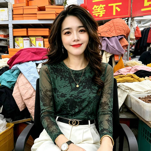 清仓捡漏复古印花网纱长袖T恤女圆领修身妈妈装时尚上衣中年女士