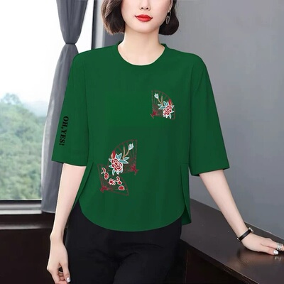 妈妈洋气七分袖印花T恤显瘦减龄