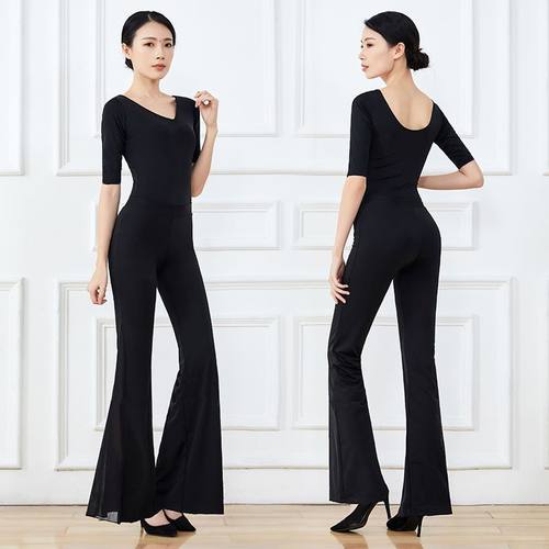 形体训练服装女带胸垫V领