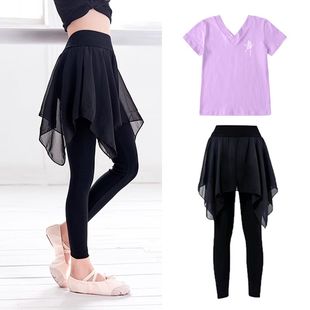 拉丁舞套装 儿童舞蹈服装 形体长袖 九分假两件裙裤 女秋冬女童练功裤