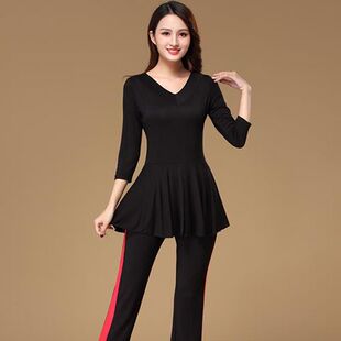 广场舞服装套装中老年长袖莫代尔上衣舞蹈拼条裤子拉丁练功成人女