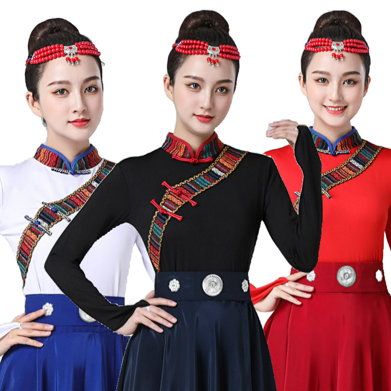 藏族舞蹈服演出服装女装单件套袖上衣民族风蒙族演出服装大摆裙子
