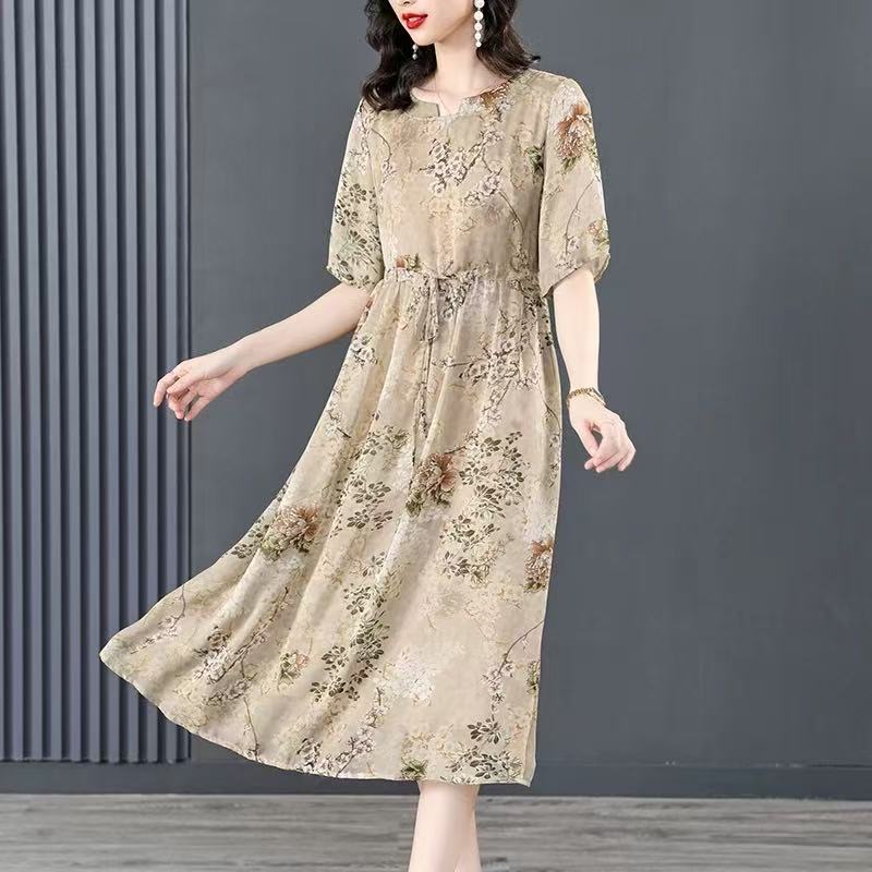 米色碎花单层顺滑 气质收腰连衣裙6067LYQ