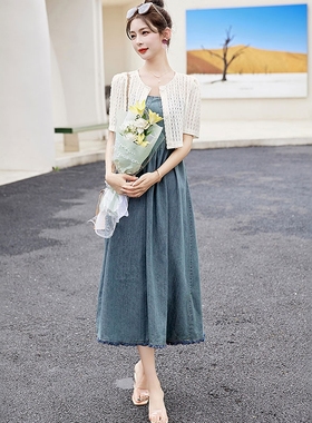 小清新白色外皮+牛仔公主裙 夏季气质牛仔两件套2318TZ