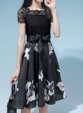 酷伽时尚知性胖mm短袖连衣裙大码气质蕾丝拼接夏季裙子8992腰带