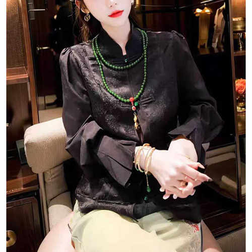 国风提花衬衫上衣女春秋中式立领盘扣C6202RT