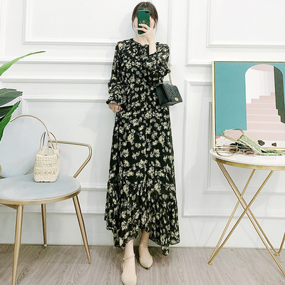 酷伽秋季优雅时尚长款大摆收腰甜美印花新款雪纺休闲连衣裙5908