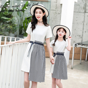 酷伽新款 圆领条纹拼接系带收腰假两件亲子连衣裙2015 夏季